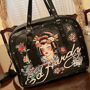 NWT Ed Hardy "Geisha" Large Satchel Tote – Black Vegan Leather Y2K Style